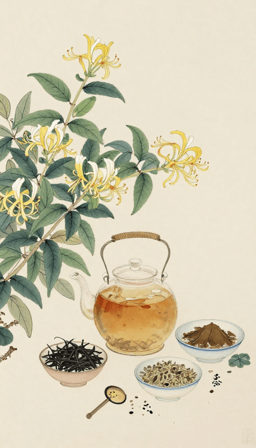 中药材素材：金银花与古方：逼真中国画中的传统药方艺术