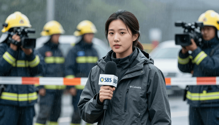 冷调摄影素材：冷调雨中：亚洲女记者直击事故现场报道