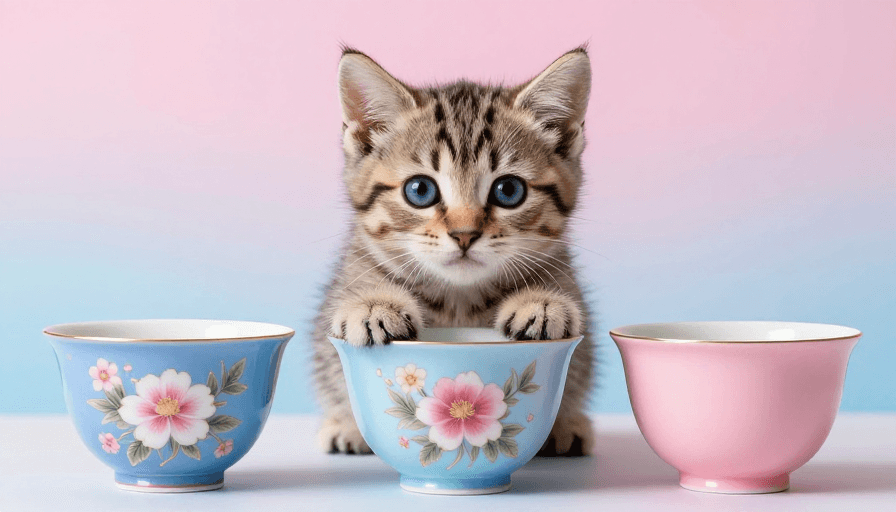 萌宠摄影素材：萌趣宠物杯：虎斑猫与彩色陶瓷杯的柔光写真