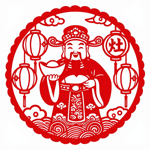 喜庆风格素材：红白剪纸财神插画：传统节庆喜庆氛围