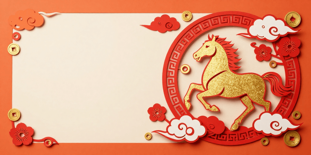 春节背景素材：金红奔马剪纸艺术背景图