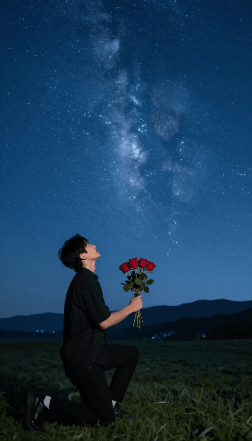 情感共鸣素材：星空祈愿：玫瑰与心满意足的理想爱情摄影