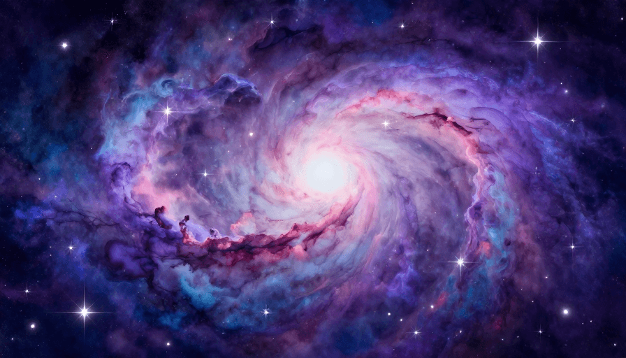 视觉留白素材：梦幻紫彩晕染宇宙星云螺旋星系动态背景