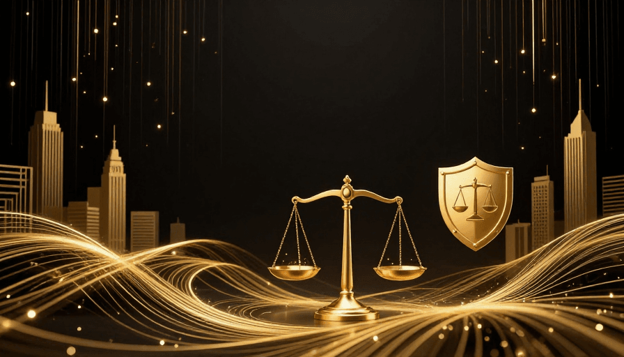 数据流设计素材：金辉天平闪耀：融合科技与司法的权威象征