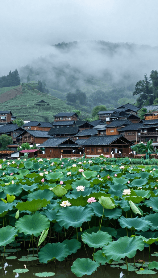 高清壁纸素材：中国山村雨后晨雾中的木屋与荷花