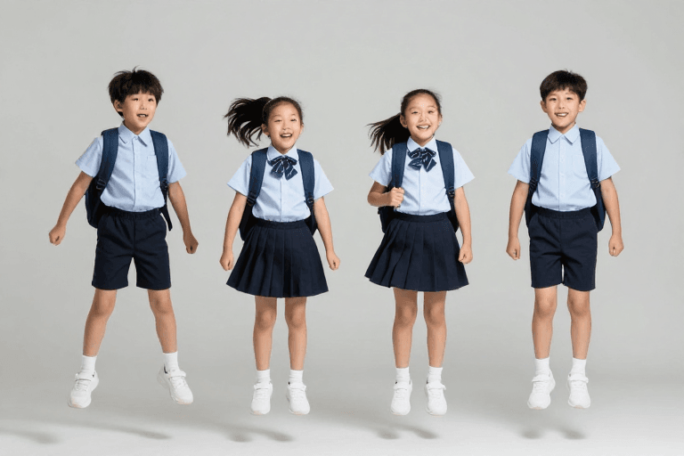 动态瞬间素材：青春童趣：校服小学生在灰色背景前欢跳瞬间