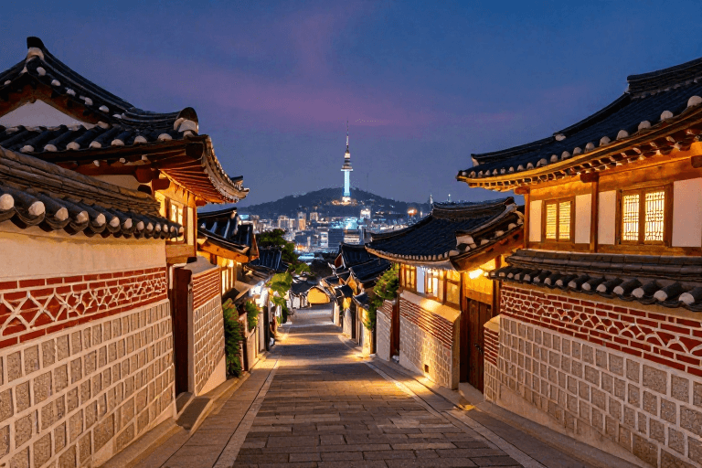 暖光色调素材：首尔北村夜景：暖灯映古瓦，暮色中的传统之美