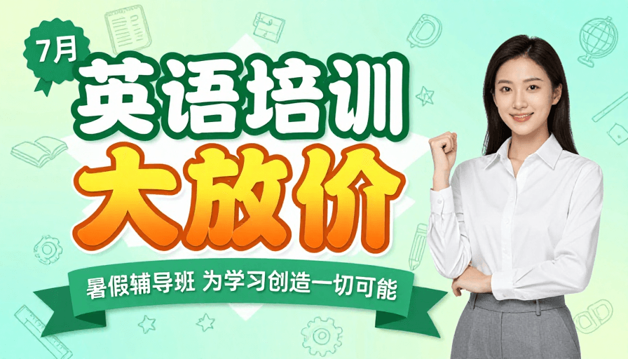 清新插画素材：活力英语培训：暑假大放价，为学习创造一切可能