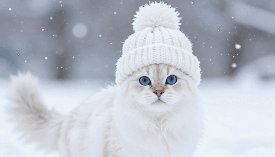 萌系动物素材：萌翻冬日：蓝白氛围下的雪地萌猫特写