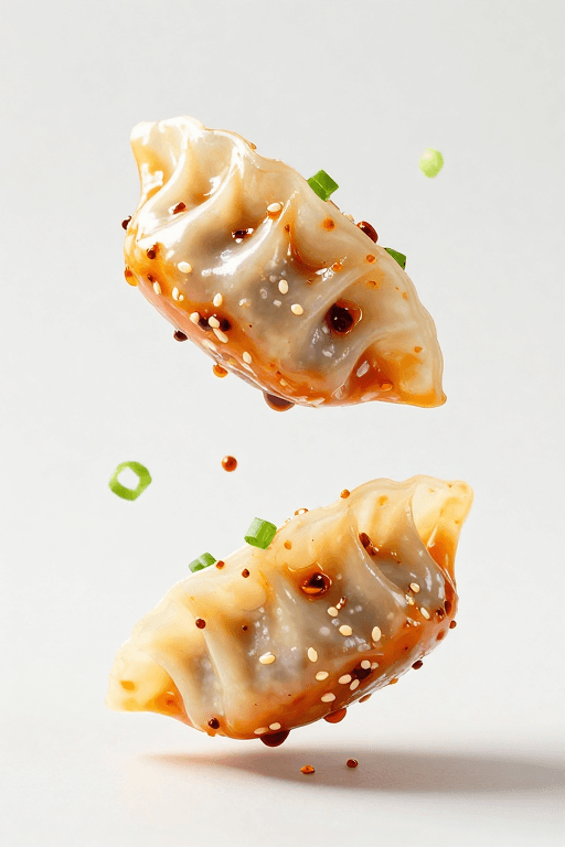 美食摄影素材：悬浮煎饺美食摄影：晶莹面皮与油润馅料的高清展示