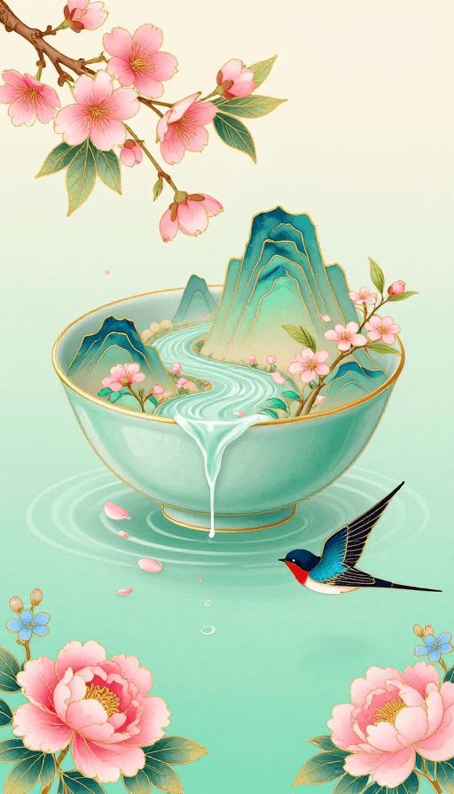 工笔插画素材：青瓷春韵·工笔花鸟意境图
