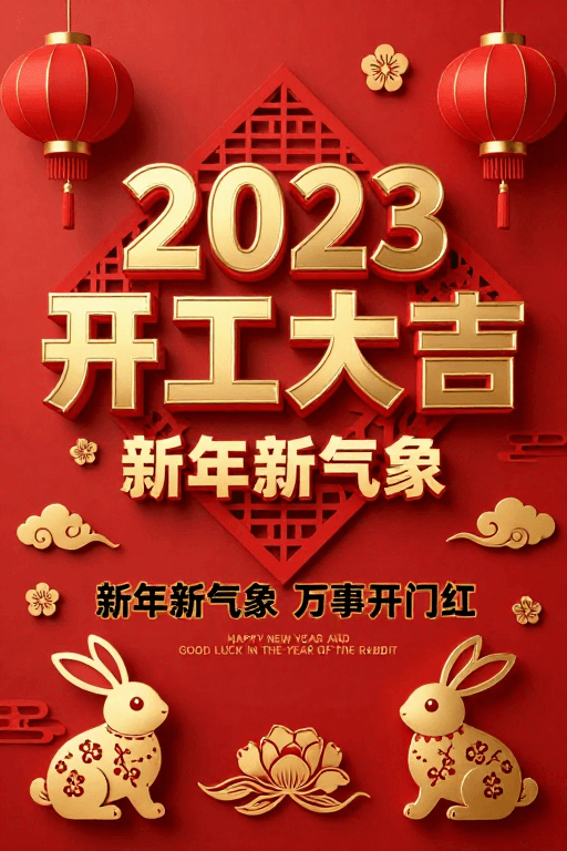 喜庆设计素材：红色中国风2023新年开工大吉海报