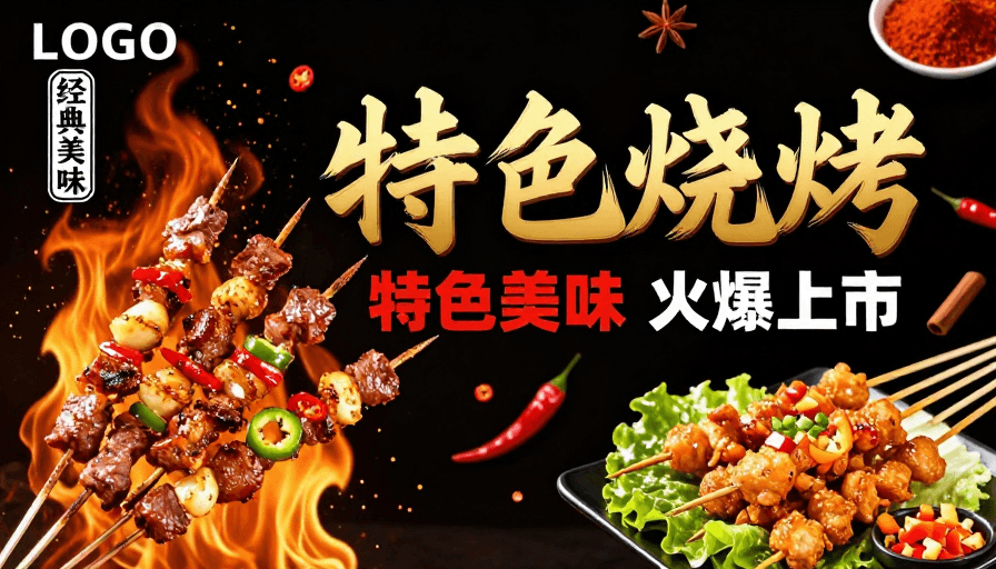 品牌海报素材：炽热美味：黄金色立体烧烤海报