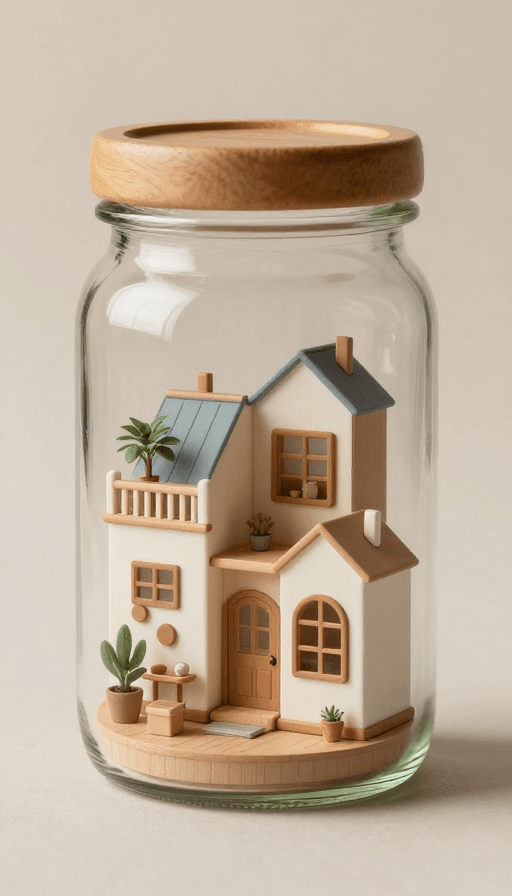 家居摄影素材：微观世界中的三居室：玻璃罐里的极简温馨小屋