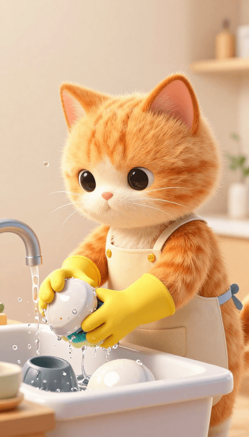 厨房场景素材：萌趣拟人橘猫：柔软绒毛与闪亮水滴的3D艺术