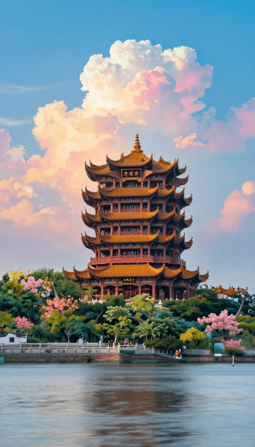 黄鹤楼素材：七彩祥云中的黄鹤楼：中国古典建筑与山水画卷