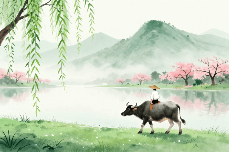 田园牧歌素材：青绿水墨牧童水牛，诗意田园风