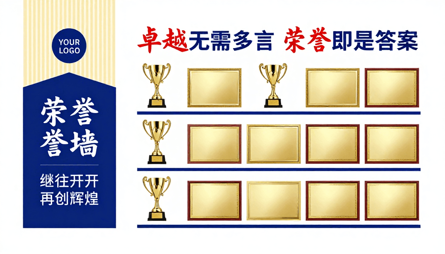 蓝金配色素材：企业荣誉墙设计：蓝金配色的权威荣耀展示