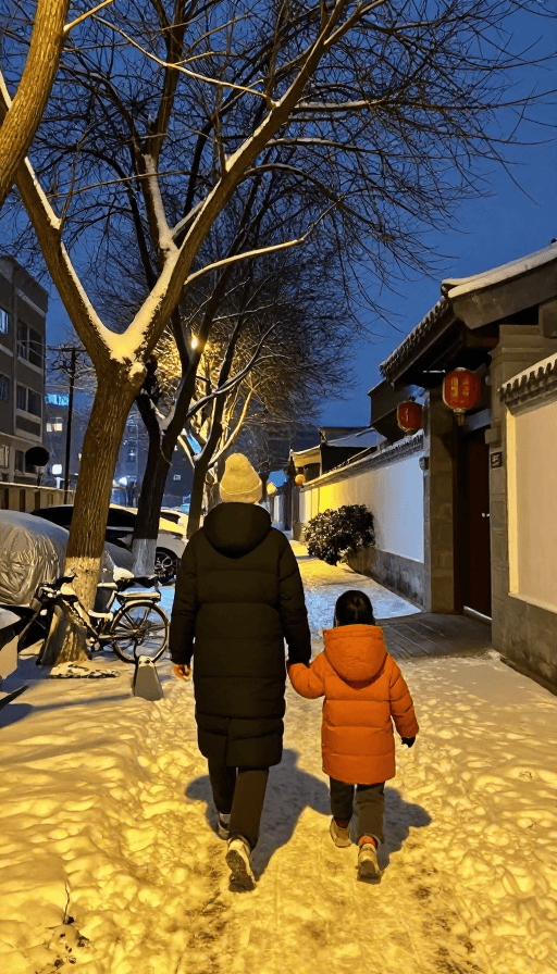 广告级品质素材：冬夜雪巷温情背影：城市人文纪实摄影