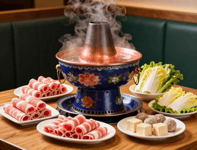 中式餐饮素材：中式铜火锅沸腾盛景：传统工艺与现代美食融合