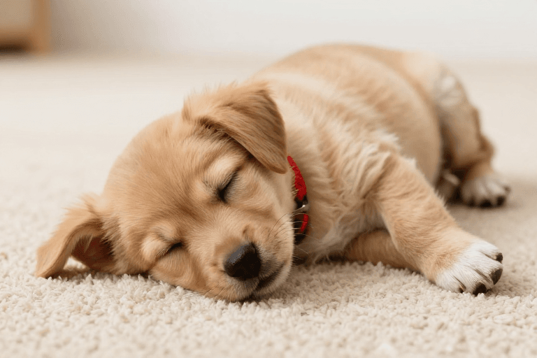 暖光照明素材：温馨午后：棕褐幼犬在米色地毯上熟睡