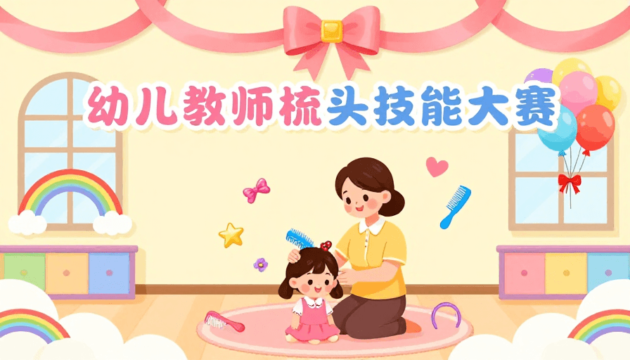 卡通设计素材：温馨手绘插画：幼儿教师梳头技能大赛氛围图