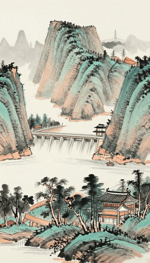 传统山水画素材：水墨山水与现代化水坝交融的东方意境