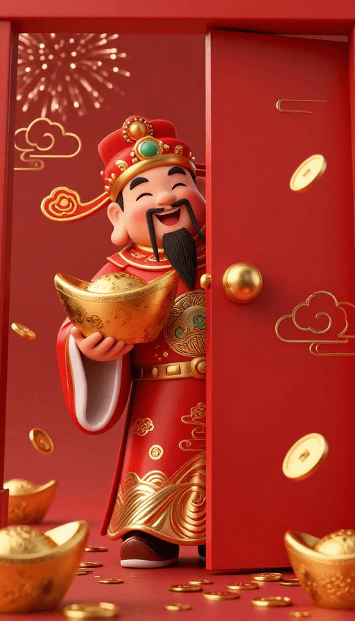 财神爷素材：金元宝迎财神，新春瑞气满门来