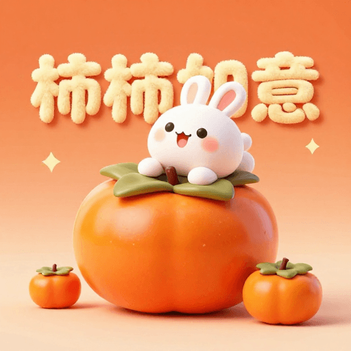 C4D渲染素材：Q版小兔趴柿子上，柿柿如意贺新春