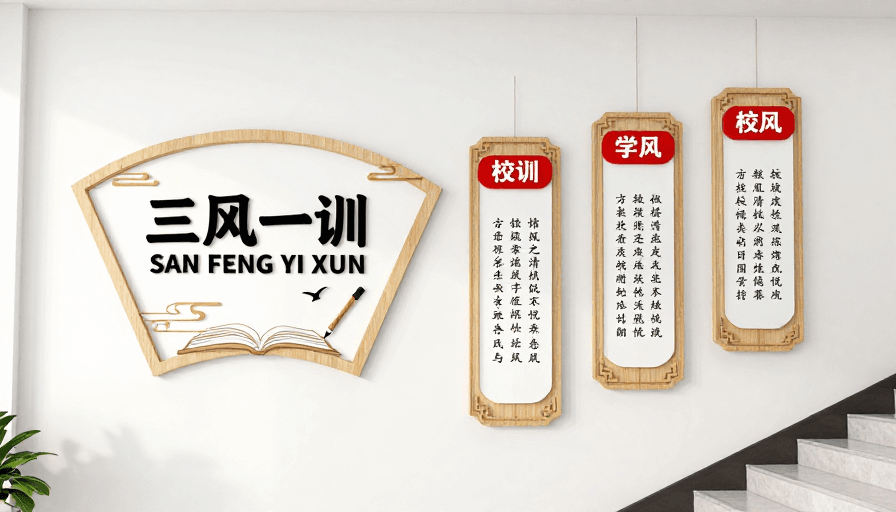 教育展示素材：现代校园三风一训文化墙设计展示