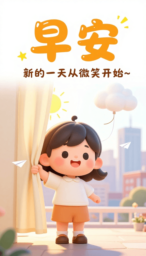 卡通插画素材：Q版3D可爱清晨：卡通手绘早安插画