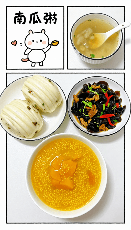 手绘漫画素材：手绘漫画风温馨晚餐：南瓜粥与家常菜搭配