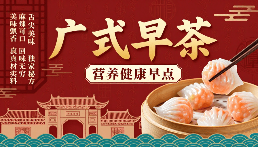 精致点心素材：广式早茶红色中国风美食海报