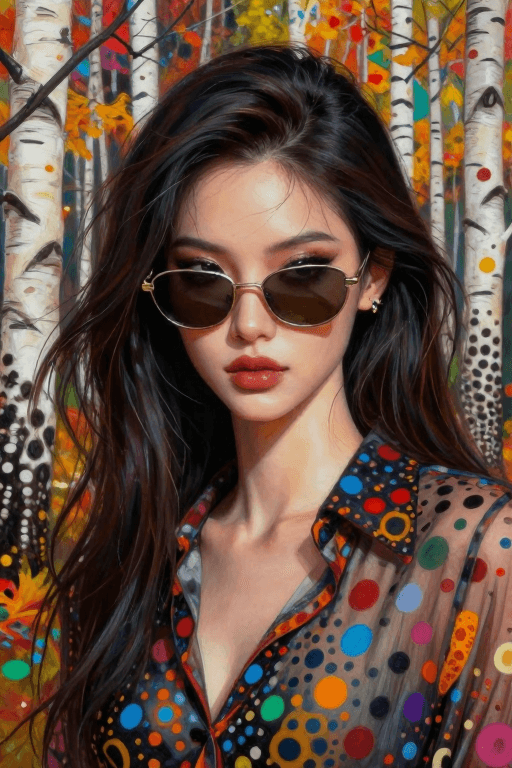 草间弥生波点素材：秋日白桦林波点艺术：邪魅东方女性人像特写