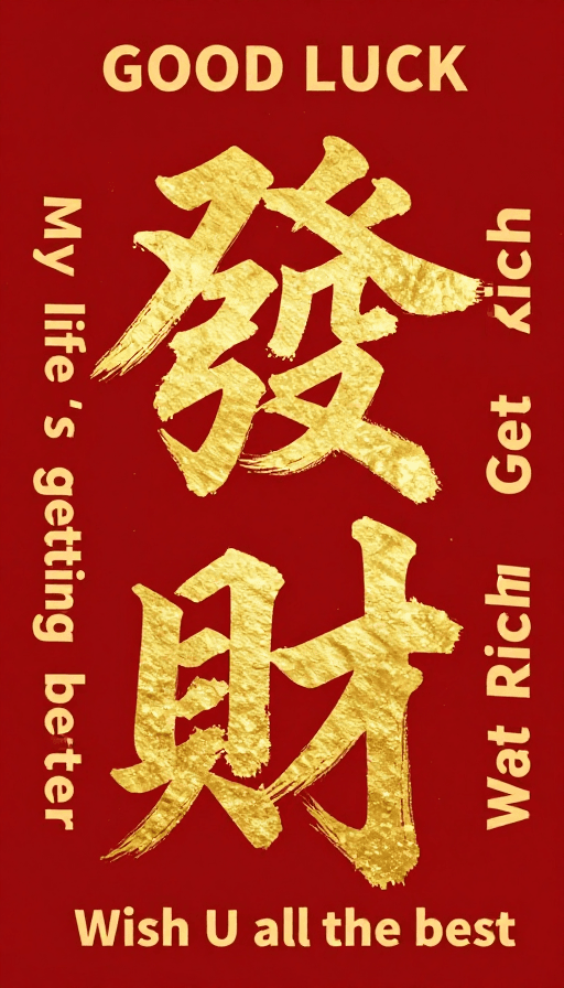 创意装饰素材：金色书法“發財”与英文祝福交织，红色背景烘托吉祥意境