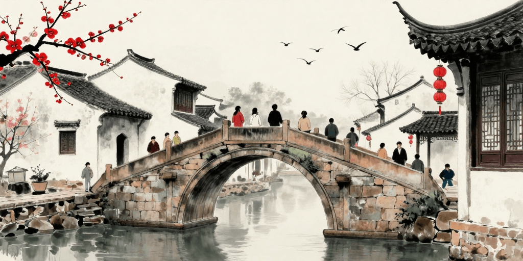 水墨风素材：水墨江南：古桥与红梅的诗意倒影