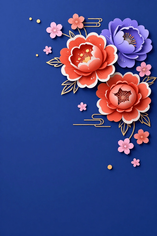 剪纸艺术素材：深蓝剪纸牡丹花艺艺术插画