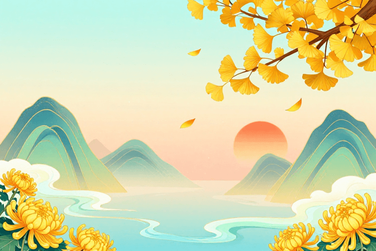 山水背景素材：秋日东方意境：金色银杏与菊花的国风山水插画