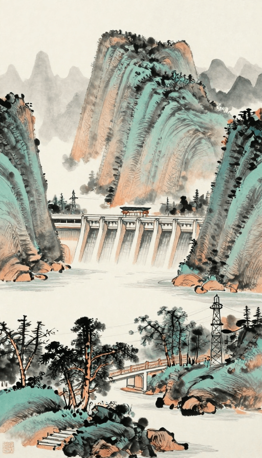 传统山水画素材：传统水墨山水与现代化水坝的东方美学画卷