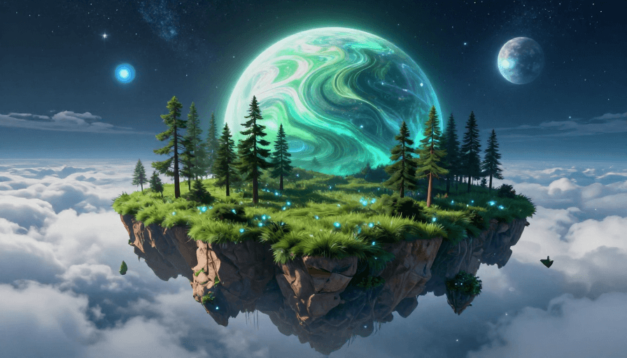 高清细节素材：云端奇幻岛屿悬浮于冷色调星空背景