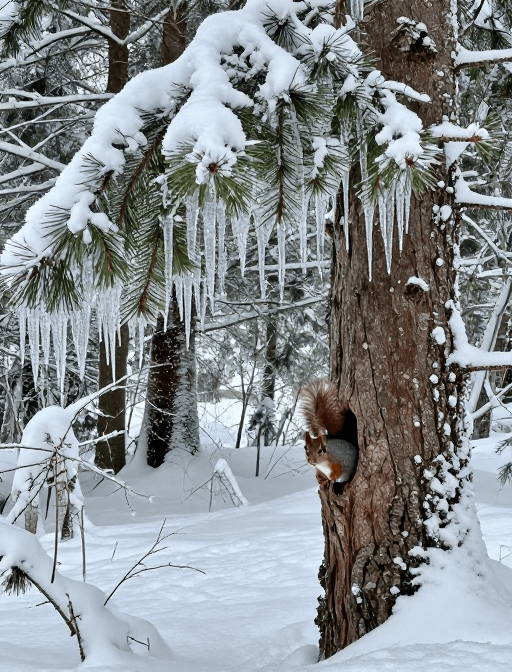 冬日雪景素材：冬日雪景中的静谧森林与好奇小松鼠
