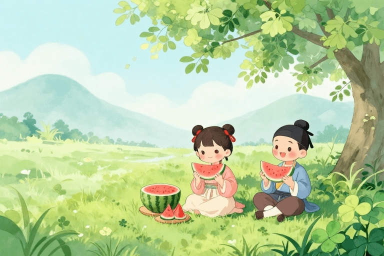 清新淡雅素材：清新水彩夏日田园：古风孩童与西瓜的宁静午后