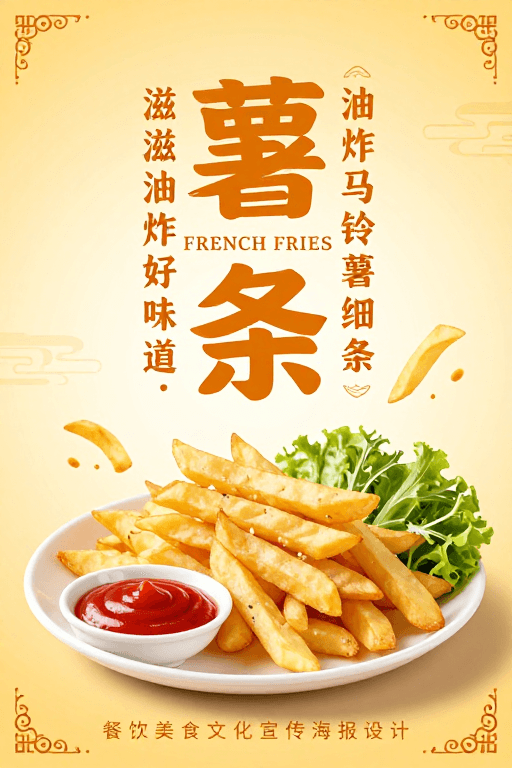 中式美学素材：暖黄渐变中式风情·酥脆薯条美食文化海报