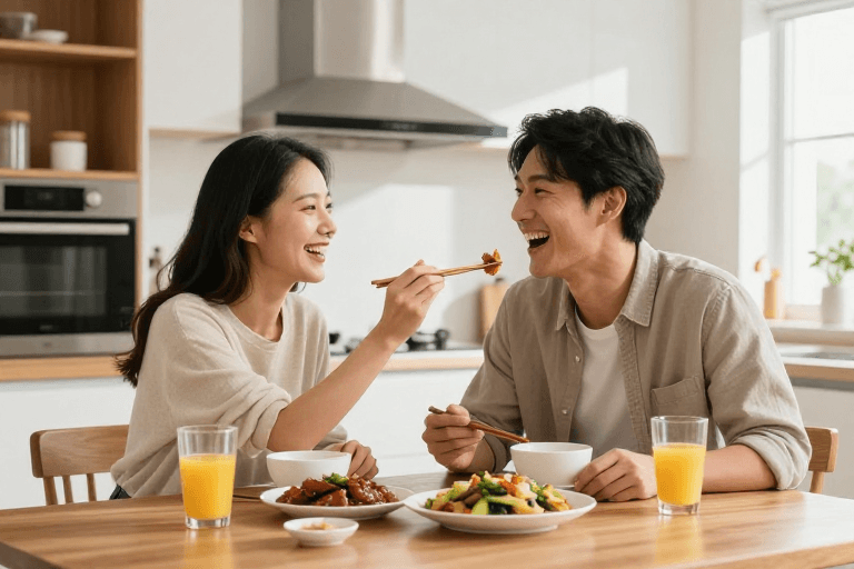 现代厨房素材：温馨厨房：情侣欢笑共享美食时光