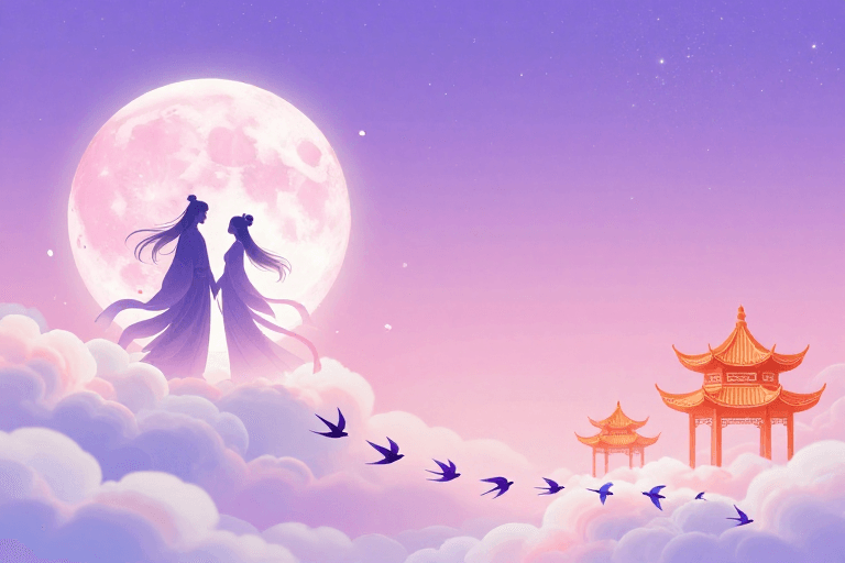 梦幻星空素材：紫月恋影：梦幻东方古风浪漫插画