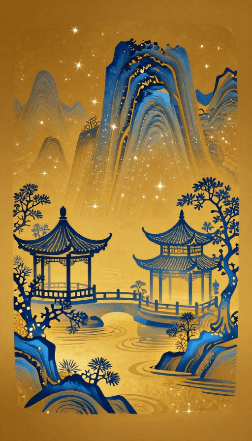 极简背景素材：青花山水·东方量子光影艺术