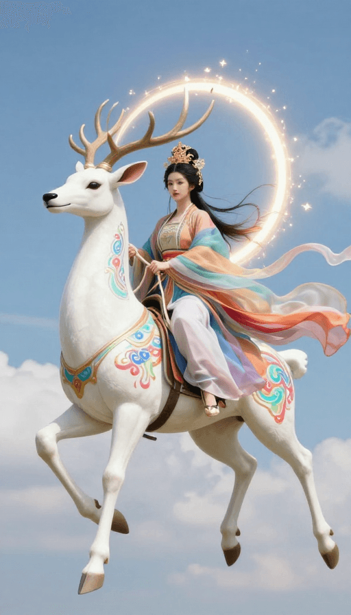 写实人像素材：七彩仙女御神鹿云端飞驰