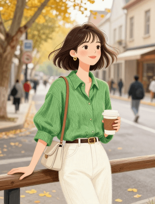 人物肖像素材：秋日街景：彩铅手绘短发美人咖啡时光
