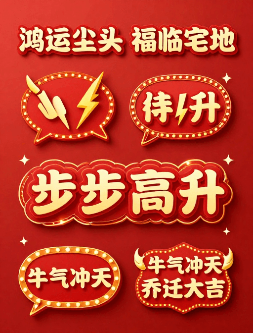 乔迁海报素材：霓虹红金喜庆插画海报，乔迁大吉欢乐氛围设计