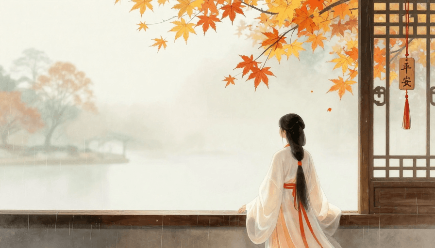 水彩质感素材：古风水墨·秋窗独坐：白衣女子的静谧诗意瞬间